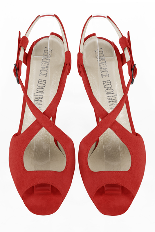 Cardinal red women's open back sandals, with crossed straps. Round toe. High slim heel. Top view - Florence KOOIJMAN